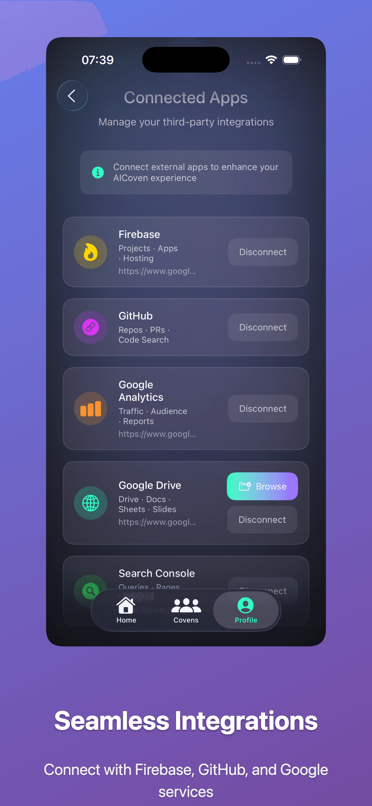 Connected apps screen